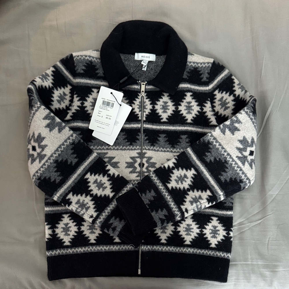 Boys 8-9yr Reiss Black and Gray Geometric Zip-Up Sweater